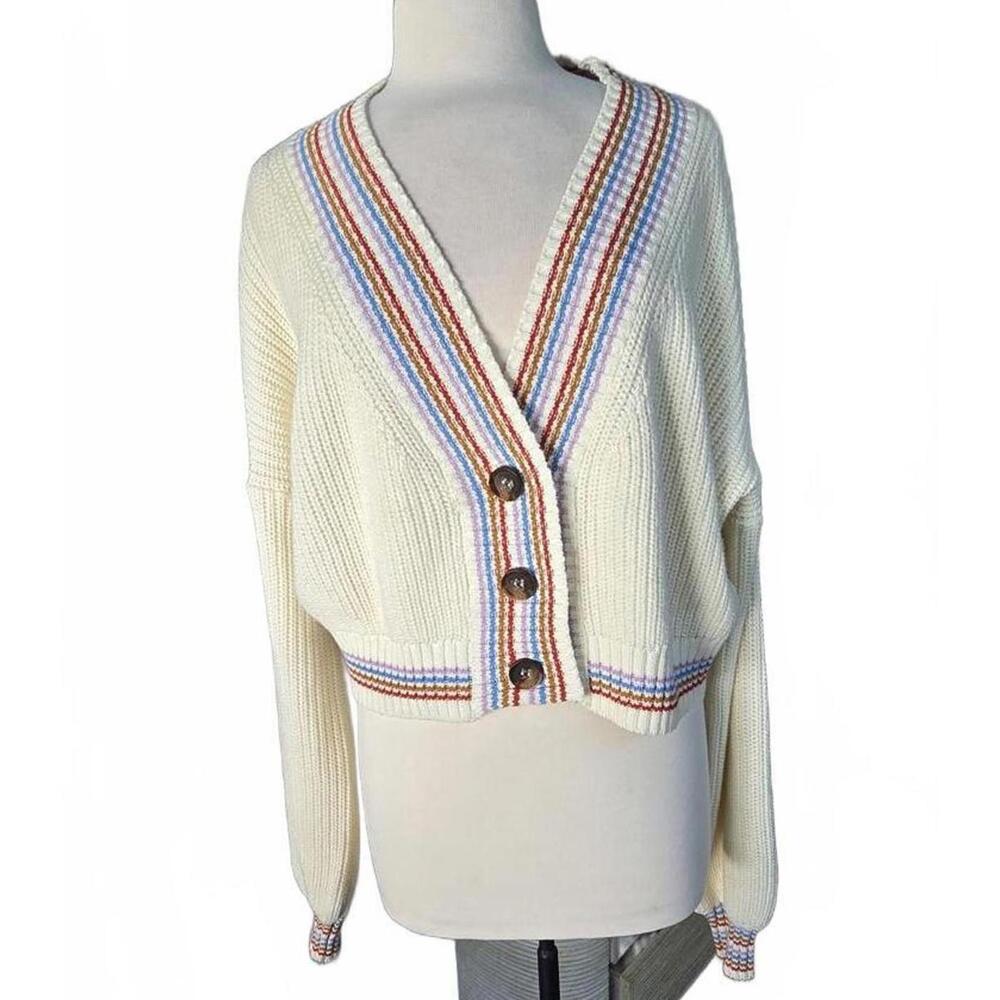 Cream Knit Cardigan with Multi-Color Stripe Detail